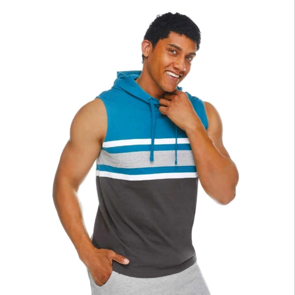 Sleeveless Teal Grey White Hoodie striped size small
